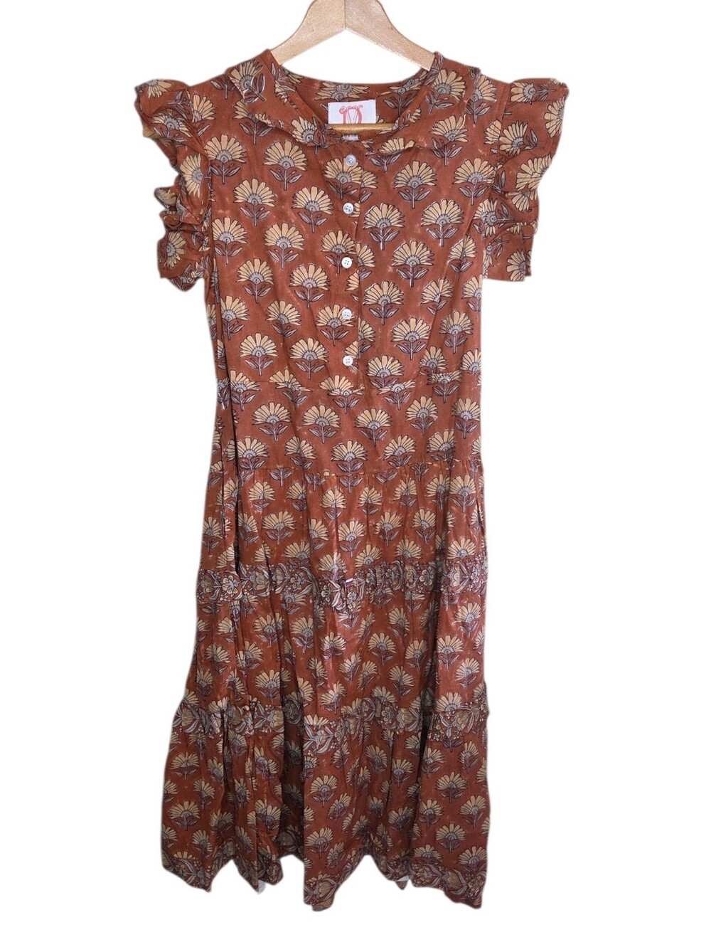 Victoria Dunn Midi Floral Block Print Brown Short Sleeve Dress Size XS Cotton